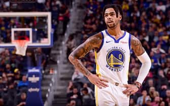 SAN FRANCISCO, CA - OCTOBER 18: D'Angelo Russell #0 of the Golden State Warriors looks on against the Los Angeles Lakers during a pre-season game on October 18, 2019 at Chase Center in San Francisco, California. NOTE TO USER: User expressly acknowledges and agrees that, by downloading and or using this photograph, User is consenting to the terms and conditions of the Getty Images License Agreement. Mandatory Copyright Notice: Copyright 2019 NBAE (Photo by Noah Graham/NBAE via Getty Images)