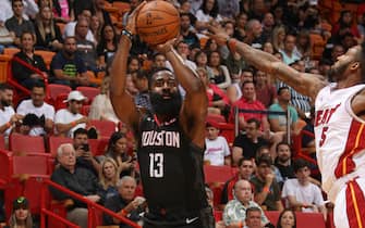 MIAMI, FL - OCTOBER 18: James Harden #13 of the Houston Rockets handles the ball against the Miami Heat during a pre-season game on October 18, 2019 at American Airlines Arena in Miami, Florida. NOTE TO USER: User expressly acknowledges and agrees that, by downloading and or using this Photograph, user is consenting to the terms and conditions of the Getty Images License Agreement. Mandatory Copyright Notice: Copyright 2019 NBAE (Photo by Issac Baldizon/NBAE via Getty Images)