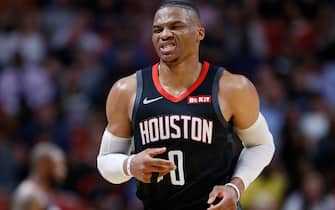 MIAMI, FLORIDA - OCTOBER 18: Russell Westbrook #0 of the Houston Rockets reacts after being injured against the Miami Heat during the second half at American Airlines Arena on October 18, 2019 in Miami, Florida. NOTE TO USER: User expressly acknowledges and agrees that, by downloading and or using this photograph, User is consenting to the terms and conditions of the Getty Images License Agreement. (Photo by Michael Reaves/Getty Images)