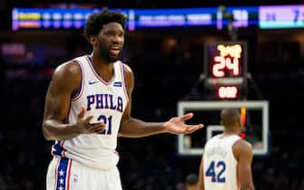 PHILADELPHIA, PA - OCTOBER 18: Joel Embiid #21 of the Philadelphia 76ers reacts against the Washington Wizards in the third quarter of the preseason game at the Wells Fargo Center on October 18, 2019 in Philadelphia, Pennsylvania. The Wizards defeated the 76ers 112-93. NOTE TO USER: User expressly acknowledges and agrees that, by downloading and or using this photograph, User is consenting to the terms and conditions of the Getty Images License Agreement.(Photo by Mitchell Leff/Getty Images)