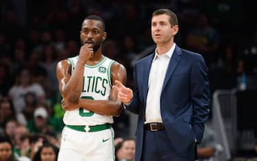 BOSTON, MA - OCTOBER 13: Kemba Walker #8 of the Boston Celtics talks with head coach Brad Stevens during the second quarter against the Cleveland Cavaliers at TD Garden on October 13, 2019 in Boston, Massachusetts. NOTE TO USER: User expressly acknowledges and agrees that, by downloading and or using this photograph, User is consenting to the terms and conditions of the Getty Images License Agreement. (Photo by Kathryn Riley/Getty Images)