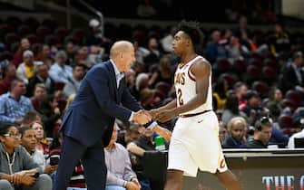 1179677065 CLEVELAND, OHIO - OCTOBER 07: Head coach John Beilein congratulates Collin Sexton #2 of the Cleveland Cavaliers as Sexton leaves the game during the first half of a preseason game against San Lorenzo De Almagro at Rocket Mortgage Fieldhouse on October 07, 2019 in Cleveland, Ohio. NOTE TO USER: User expressly acknowledges and agrees that, by downloading and/or using this photograph, user is consenting to the terms and conditions of the Getty Images License Agreement. (Photo by Jason Miller/Getty Images)