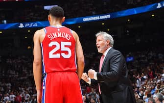 1143368546 TORONTO, CANADA - MAY 12: Ben Simmons #25 talks with Head Coach Brett Brown of the Philadelphia 76ers against the Toronto Raptors during Game Seven of the Eastern Conference Semi-Finals of the 2019 NBA Playoffs on May 12, 2019 at the Scotiabank Arena in Toronto, Ontario, Canada. NOTE TO USER: User expressly acknowledges and agrees that, by downloading and or using this Photograph, user is consenting to the terms and conditions of the Getty Images License Agreement. Mandatory Copyright Notice: Copyright 2019 NBAE (Photo by Jesse D. Garrabrant/NBAE via Getty Images)