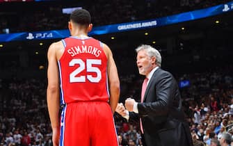 TORONTO, CANADA - MAY 12: Ben Simmons #25 talks with Head Coach Brett Brown of the Philadelphia 76ers against the Toronto Raptors during Game Seven of the Eastern Conference Semi-Finals of the 2019 NBA Playoffs on May 12, 2019 at the Scotiabank Arena in Toronto, Ontario, Canada.  NOTE TO USER: User expressly acknowledges and agrees that, by downloading and or using this Photograph, user is consenting to the terms and conditions of the Getty Images License Agreement.  Mandatory Copyright Notice: Copyright 2019 NBAE (Photo by Jesse D. Garrabrant/NBAE via Getty Images)