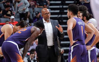 1176059181 SACRAMENTO, CA - OCTOBER 10: Head coach Monty Williams of the Phoenix Suns coaches against the Sacramento Kings on October 10, 2019 at Golden 1 Center in Sacramento, California. NOTE TO USER: User expressly acknowledges and agrees that, by downloading and or using this photograph, User is consenting to the terms and conditions of the Getty Images Agreement. Mandatory Copyright Notice: Copyright 2019 NBAE (Photo by Rocky Widner/NBAE via Getty Images)