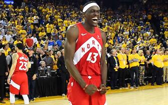 OAKLAND, CA - JUNE 13: Pascal Siakam #43 of the Toronto Raptors celebrates after Game Six of the NBA Finals against the Golden State Warriors on June 13, 2019 at ORACLE Arena in Oakland, California. NOTE TO USER: User expressly acknowledges and agrees that, by downloading and/or using this photograph, user is consenting to the terms and conditions of Getty Images License Agreement. Mandatory Copyright Notice: Copyright 2019 NBAE (Photo by Andrew D. Bernstein/NBAE via Getty Images)