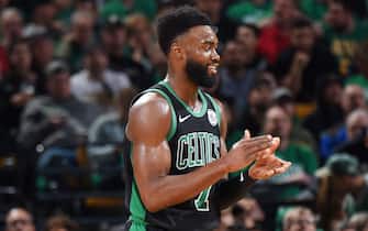 BOSTON, MA - APRIL 14: Jaylen Brown #7 of the Boston Celtics celebrates during Game One of Round One of the 2019 NBA Playoffs on April 14, 2019 at the TD Garden in Boston, Massachusetts.  NOTE TO USER: User expressly acknowledges and agrees that, by downloading and or using this photograph, User is consenting to the terms and conditions of the Getty Images License Agreement. Mandatory Copyright Notice: Copyright 2019 NBAE  (Photo by Brian Babineau/NBAE via Getty Images) 