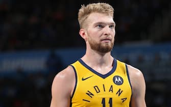 OKLAHOMA CITY, OK - MARCH 27:  Domantas Sabonis #11 of the Indiana Pacers looks on during the game against the Oklahoma City Thunder on March 27, 2019 at the Chesapeake Energy Arena in Boston, Massachusetts.  NOTE TO USER: User expressly acknowledges and agrees that, by downloading and or using this photograph, User is consenting to the terms and conditions of the Getty Images License Agreement. Mandatory Copyright Notice: Copyright 2019 NBAE (Photo by Zach Beeker/NBAE via Getty Images)