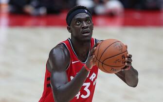 SAITAMA, JAPAN - OCTOBER 08: Pascal Siakam #43 of Toronto Raptors shoots a free throw during the preseason game between Houston Rockets and Toronto Raptors at Saitama Super Arena on October 08, 2019 in Saitama, Japan. NOTE TO USER: User expressly acknowledges and agrees that, by downloading and/or using this photograph, user is consenting to the terms and conditions of the Getty Images License Agreement. 
 (Photo by Takashi Aoyama/Getty Images)