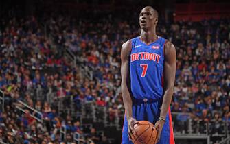 DETROIT, MI - APRIL 20: Thon Maker #7 of the Detroit Pistons shoots a free throw against the Milwaukee Bucks during Game Three of Round One of the 2019 NBA Playoffs on April 20, 2019 at Little Caesars Arena in Detroit, Michigan. NOTE TO USER: User expressly acknowledges and agrees that, by downloading and/or using this photograph, user is consenting to the terms and conditions of the Getty Images License Agreement. Mandatory Copyright Notice: Copyright 2019 NBAE (Photo by Chris Schwegler/NBAE via Getty Images)