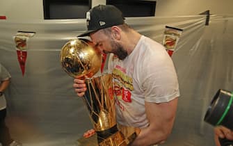 OAKLAND, CA - JUNE 13:  Marc Gasol #33 of the Toronto Raptors holds the Larry O'Brien Championship Trophy in the locker room after defeating the Golden State Warriors in Game Six of the 2019 NBA Finals on June 13, 2019 at ORACLE Arena in Oakland, California. NOTE TO USER: User expressly acknowledges and agrees that, by downloading and/or using this photograph, user is consenting to the terms and conditions of Getty Images License Agreement. Mandatory Copyright Notice: Copyright 2019 NBAE (Photo by Nathaniel S. Butler/NBAE via Getty Images)