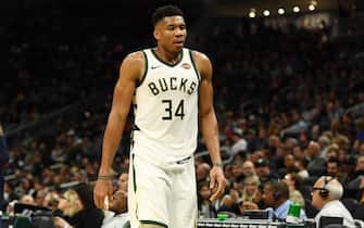 MILWAUKEE, WISCONSIN - OCTOBER 17:  Giannis Antetokounmpo #34 of the Milwaukee Bucks walks to the bench during a game against the Minnesota Timberwolves at Fiserv Forum on October 17, 2019 in Milwaukee, Wisconsin. NOTE TO USER: User expressly acknowledges and agrees that, by downloading and or using this photograph, User is consenting to the terms and conditions of the Getty Images License Agreement.  (Photo by Stacy Revere/Getty Images)