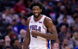 1182103976 PHILADELPHIA, PA - OCTOBER 18: Joel Embiid #21 of the Philadelphia 76ers reacts against the Washington Wizards during the preseason game at the Wells Fargo Center on October 18, 2019 in Philadelphia, Pennsylvania. NOTE TO USER: User expressly acknowledges and agrees that, by downloading and or using this photograph, User is consenting to the terms and conditions of the Getty Images License Agreement.(Photo by Mitchell Leff/Getty Images)