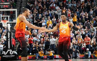 1129921913 SALT LAKE CITY, UT - MARCH 11: Rudy Gobert #27 and Donovan Mitchell #45 of the Utah Jazz react during a game against the Oklahoma City Thunder on March 11, 2019 at vivint.SmartHome Arena in Salt Lake City, Utah. NOTE TO USER: User expressly acknowledges and agrees that, by downloading and or using this Photograph, User is consenting to the terms and conditions of the Getty Images License Agreement. Mandatory Copyright Notice: Copyright 2019 NBAE (Photo by Melissa Majchrzak/NBAE via Getty Images)