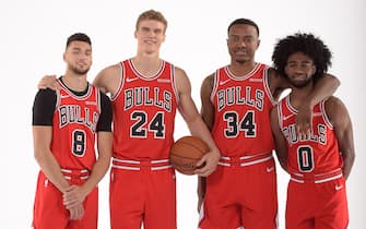 CHICAGO, IL - SEPTEMBER 30: Zach LaVine #8, Lauri Markkanen #24, Wendell Carter Jr. #34, and Coby White #0 of the Chicago Bulls pose for a portrait during 2019 NBA Media Day on September 30, 2019 at the Advocate Center in Chicago, Illinois. NOTE TO USER: User expressly acknowledges and agrees that, by downloading and/or using this photograph, user is consenting to the terms and conditions of the Getty Images License Agreement.  Mandatory Copyright Notice: Copyright 2018 NBAE (Photo by Randy Belice/NBAE via Getty Images) 