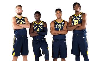 INDIANAPOLIS, IN - SEPTEMBER 27: Victor Oladipo #4, Domantas Sabonis #11, Myles Turner #33, and Malcolm Brogdon #7 of the Indiana Pacers pose for a portrait during media day on September 27, 2019 at Bankers Life Fieldhouse in Indianapolis, Indiana. NOTE TO USER: User expressly acknowledges and agrees that, by downloading and/or using this photograph, user is consenting to the terms and conditions of the Getty Images License Agreement. Mandatory Copyright Notice: Copyright 2019 NBAE (Photo by Ron Hoskins/NBAE via Getty Images)