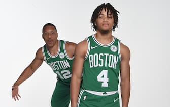 CANTON, MA - SEPTEMBER 30: Grant Williams #40 and Carsen Edwards #4  of the Boston Celtics poses for a portrait on September 30, 2019 at High Output Studios in Canton, Massachusetts. NOTE TO USER: User expressly acknowledges and agrees that, by downloading and or using this photograph, User is consenting to the terms and conditions of the Getty Images License Agreement. Mandatory Copyright Notice: Copyright 2019 NBAE (Photo by Brian Babineau/NBAE via Getty Images)