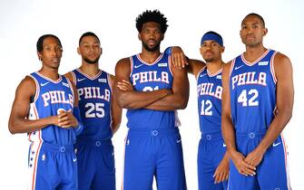 CAMDEN, NJ - OCTOBER 1: Josh Richardson #0, Ben Simmons #25, Joel Embiid #21, Tobias Harris #12, and Al Horford #42 of the Philadelphia 76ers pose for a portrait on October 1, 2019 at the Philadelphia 76ers Training Complex in Camden, New Jersey. NOTE TO USER: User expressly acknowledges and agrees that, by downloading and or using this Photograph, user is consenting to the terms and conditions of the Getty Images License Agreement. Mandatory Copyright Notice: Copyright 2019 NBAE (Photo by Jesse D. Garrabrant/NBAE via Getty Images)