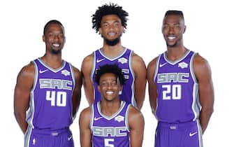 SACRAMENTO, CA - SEPTEMBER 27: Harrison Barnes #40, Marvin Bagley III #35, De'Aaron Fox #5, and Harry Giles III #20 of the Sacramento Kings pose for a portrait during media day on September 27, 2019 at the Golden 1 Center & Practice Facility in Sacramento, California. NOTE TO USER: User expressly acknowledges and agrees that, by downloading and/or using this photograph, user is consenting to the terms and conditions of the Getty Images License Agreement. Mandatory Copyright Notice: Copyright 2019 NBAE (Photo by Rocky Widner/NBAE via Getty Images)
