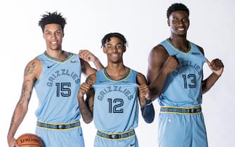 MEMPHIS, TN - SEPTEMBER 30: Brandon Clarke #15, Ja Morant #12 and Jaren Jackson Jr. #13 of the Memphis Grizzlies pose for a portrait during media day on September 30, 2019 at FedEx Forum in Memphis, Tennessee. NOTE TO USER: User expressly acknowledges and agrees that, by downloading and/or using this photograph, user is consenting to the terms and conditions of the Getty Images License Agreement. Mandatory Copyright Notice: Copyright 2019 NBAE (Photo by Michael J. LeBrecht II/NBAE via Getty Images)
