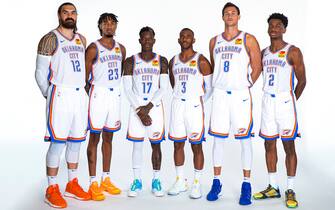 OKLAHOMA CITY, OK - SEPTEMBER 30: Steven Adams #12, Terrance Ferguson #23, Dennis Schroder #17, Chris Paul #3, Danilo Gallinari #8, Shai Gilgeous-Alexander #2 of the Oklahoma City Thunder pose for a portrait during media day on September 30, 2019 at Chesapeake Energy Arena in Oklahoma City, Oklahoma. NOTE TO USER: User expressly acknowledges and agrees that, by downloading and/or using this photograph, user is consenting to the terms and conditions of the Getty Images License Agreement. Mandatory Copyright Notice: Copyright 2019 NBAE (Photo by Zach Beeker/NBAE via Getty Images)