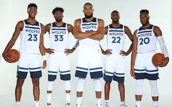 MINNEAPOLIS, MN - SEPTEMBER 30: Jarrett Culver #23, Robert Covington #33, Karl-Anthony Towns #32, Andrew Wiggins #22 and Josh Okogie #20 of the Minnesota Timberwolves pose for a portrait during Media Day on September 30, 2019 at Target Center in Minneapolis, Minnesota. NOTE TO USER: User expressly acknowledges and agrees that, by downloading and or using this Photograph, user is consenting to the terms and conditions of the Getty Images License Agreement. Mandatory Copyright Notice: Copyright 2019 NBAE (Photo by David Sherman/NBAE via Getty Images)