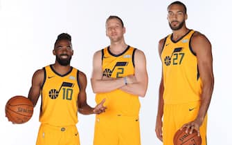 SALT LAKE CITY, UT - SEPTEMBER 30: Mike Conley #10, Rudy Gobert #27 and Joe Ingles #2 of the Utah Jazz pose for a portrait during the 2019 NBA media day at vivint.SmartHome Arena on September 30, 2019 in Salt Lake City, Utah. NOTE TO USER: User expressly acknowledges and agrees that, by downloading and or using this Photograph, User is consenting to the terms and conditions of the Getty Images License Agreement. Mandatory Copyright Notice: Copyright 2019 NBAE (Photo by Melissa Majchrzak/NBAE via Getty Images) 
