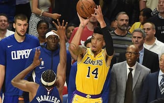 LOS ANGELES, CA - OCTOBER 22: Danny Green #14 of the Los Angeles Lakers shoots the ball against the LA Clippers on October 22, 2019 at STAPLES Center in Los Angeles, California. NOTE TO USER: User expressly acknowledges and agrees that, by downloading and/or using this Photograph, user is consenting to the terms and conditions of the Getty Images License Agreement. Mandatory Copyright Notice: Copyright 2019 NBAE (Photo by Adam Pantozzi/NBAE via Getty Images)