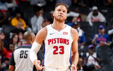 DETROIT, MI - OCTOBER 7: Blake Griffin #23 of the Detroit Pistons looks on against the Orlando Magic during a pre-season game on October 7, 2019 at Little Caesars Arena in Detroit, Michigan. NOTE TO USER: User expressly acknowledges and agrees that, by downloading and/or using this photograph, User is consenting to the terms and conditions of the Getty Images License Agreement. Mandatory Copyright Notice: Copyright 2019 NBAE (Photo by Brian Sevald/NBAE via Getty Images)