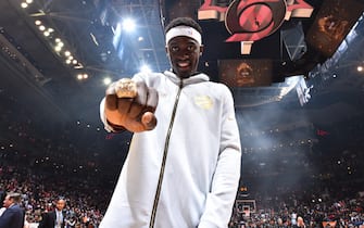 TORONTO, CANADA - OCTOBER 22: Pascal Siakam #43 of the Toronto Raptors poses for a photo with his 2019 Championship Ring prior to a game against the New Orleans Pelicans on October 22, 2019 at the Scotiabank Arena in Toronto, Ontario, Canada. NOTE TO USER: User expressly acknowledges and agrees that, by downloading and or using this Photograph, user is consenting to the terms and conditions of the Getty Images License Agreement.  Mandatory Copyright Notice: Copyright 2019 NBAE (Photo by Jesse D. Garrabrant/NBAE via Getty Images)