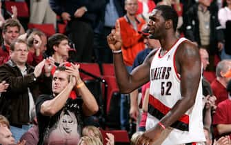 PORTLAND, OR - OCTOBER 27: Greg Oden #52 of the Portland Trail Blazers gestures during the season opening game against the Houston Rockets on October 27, 2009 at the Rose Garden Arena in Portland, Oregon. NOTE TO USER: User expressly acknowledges and agrees that, by downloading and or using this photograph, User is consenting to the terms and conditions of the Getty Images License Agreement. Mandatory Copyright Notice: Copyright 2009 NBAE (Photo by Thomas Oliver/NBAE via Getty Images)