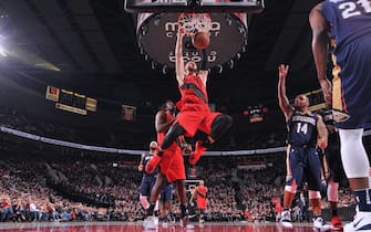 PORTLAND, OR - DECEMBER 2:  Jusuf Nurkic #27 of the Portland Trail Blazers goes to the basket against the New Orleans Pelicans on December 2, 2017 at the Moda Center Arena in Portland, Oregon. NOTE TO USER: User expressly acknowledges and agrees that, by downloading and or using this photograph, user is consenting to the terms and conditions of the Getty Images License Agreement. Mandatory Copyright Notice: Copyright 2017 NBAE (Photo by Sam Forencich/NBAE via Getty Images)