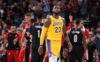 PORTLAND, OR - NOVEMBER 3:  LeBron James #23 of the Los Angeles Lakers looks on against the Portland Trail Blazers on November 3, 2018 at the Moda Center Arena in Portland, Oregon. NOTE TO USER: User expressly acknowledges and agrees that, by downloading and or using this photograph, user is consenting to the terms and conditions of the Getty Images License Agreement. Mandatory Copyright Notice: Copyright 2018 NBAE (Photo by Sam Forencich/NBAE via Getty Images)