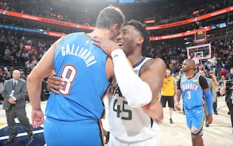 SALT LAKE CITY, UT - OCTOBER 23: Danilo Gallinari #8 of the Oklahoma City Thunder talks with Donovan Mitchell #45 of the Utah Jazz after the game on October 23, 2019 at Vivint Smart Home Arena in Salt Lake City, Utah. NOTE TO USER: User expressly acknowledges and agrees that, by downloading and or using this Photograph, User is consenting to the terms and conditions of the Getty Images License Agreement. Mandatory Copyright Notice: Copyright 2019 NBAE (Photo by Melissa Majchrzak/NBAE via Getty Images)