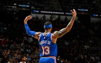 SAN ANTONIO, TX - OCTOBER 23: Marcus Morris #13 of the New York Knicks celebrates a three point basket against the San Antonio Spurs on October 23, 2019 at the AT&T Center in San Antonio, Texas. NOTE TO USER: User expressly acknowledges and agrees that, by downloading and or using this photograph, user is consenting to the terms and conditions of the Getty Images License Agreement. Mandatory Copyright Notice: Copyright 2019 NBAE (Photos by Logan Riely/NBAE via Getty Images)