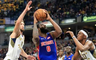 INDIANAPOLIS, INDIANA - OCTOBER 23:  Andre Drummond #0 of the Detroit Pistons shoots the ball in the game against the Indiana Pacers at Bankers Life Fieldhouse on October 23, 2019 in Indianapolis, Indiana.   NOTE TO USER: User expressly acknowledges and agrees that, by downloading and or using this photograph, User is consenting to the terms and conditions of the Getty Images License Agreement. (Photo by Andy Lyons/Getty Images)