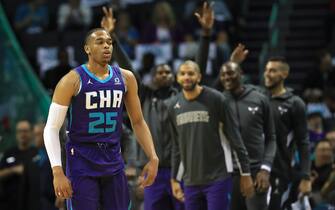 CHARLOTTE, NORTH CAROLINA - OCTOBER 23: PJ Washington #25 of the Charlotte Hornets reacts after a basket against the Chicago Bulls during their game at Spectrum Center on October 23, 2019 in Charlotte, North Carolina. NOTE TO USER: User expressly acknowledges and agrees that, by downloading and or using this photograph, User is consenting to the terms and conditions of the Getty Images License Agreement.
 (Photo by Streeter Lecka/Getty Images)
