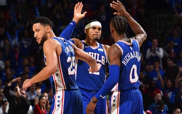 PHILADELPHIA, PA - OCTOBER 23: Tobias Harris #12, Josh Richardson #0 and Ben Simmons #25 of the Philadelphia 76ers high-five during a game against the Boston Celtics on October 23, 2019 at the Wells Fargo Center in Philadelphia, Pennsylvania NOTE TO USER: User expressly acknowledges and agrees that, by downloading and/or using this Photograph, user is consenting to the terms and conditions of the Getty Images License Agreement. Mandatory Copyright Notice: Copyright 2019 NBAE (Photo by Jesse D. Garrabrant/NBAE via Getty Images)