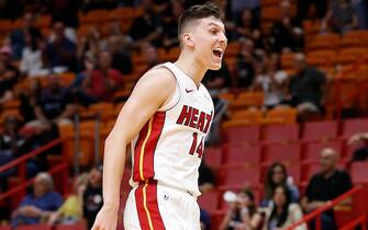 MIAMI, FLORIDA - OCTOBER 23:  Tyler Herro #14 of the Miami Heat reacts against the Memphis Grizzlies during the second half at American Airlines Arena on October 23, 2019 in Miami, Florida. NOTE TO USER: User expressly acknowledges and agrees that, by downloading and or using this photograph, User is consenting to the terms and conditions of the Getty Images License Agreement.  (Photo by Michael Reaves/Getty Images)