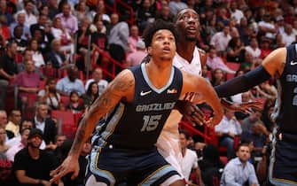 MIAMI, FL - OCTOBER 23: Brandon Clarke #15 of the Memphis Grizzlies plays defense against the Miami Heat on October 23, 2019 at American Airlines Arena in Miami, Florida. NOTE TO USER: User expressly acknowledges and agrees that, by downloading and or using this Photograph, user is consenting to the terms and conditions of the Getty Images License Agreement. Mandatory Copyright Notice: Copyright 2019 NBAE (Photo by Issac Baldizon/NBAE via Getty Images)
