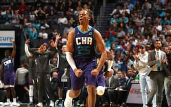 1177832455 CHARLOTTE, NC - OCTOBER 23: PJ Washington #25 of the Charlotte Hornets shows emotion during the game against the Chicago Bulls on October 23, 2019 at Spectrum Center in Charlotte, North Carolina. NOTE TO USER: User expressly acknowledges and agrees that, by downloading and or using this photograph, User is consenting to the terms and conditions of the Getty Images License Agreement. Mandatory Copyright Notice: Copyright 2019 NBAE (Photo by Brock Williams-Smith/NBAE via Getty Images)