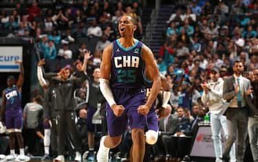 CHARLOTTE, NC - OCTOBER 23:  PJ Washington #25 of the Charlotte Hornets shows emotion during the game against the Chicago Bulls on October 23, 2019 at Spectrum Center in Charlotte, North Carolina. NOTE TO USER: User expressly acknowledges and agrees that, by downloading and or using this photograph, User is consenting to the terms and conditions of the Getty Images License Agreement.  Mandatory Copyright Notice:  Copyright 2019 NBAE (Photo by Brock Williams-Smith/NBAE via Getty Images)