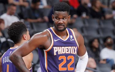 SACRAMENTO, CA - OCTOBER 10: Deandre Ayton #22 of the Phoenix Suns looks on during the game against the Sacramento Kings on October 10, 2019 at Golden 1 Center in Sacramento, California. NOTE TO USER: User expressly acknowledges and agrees that, by downloading and or using this photograph, User is consenting to the terms and conditions of the Getty Images Agreement. Mandatory Copyright Notice: Copyright 2019 NBAE (Photo by Rocky Widner/NBAE via Getty Images)