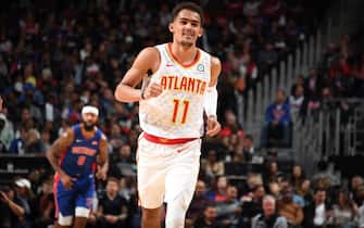 1177973013 DETROIT, MI - OCTOBER 24: Trae Young #11 of the Atlanta Hawks smiles against the Detroit Pistons on October 24, 2019 at Little Caesars Arena in Detroit, Michigan. NOTE TO USER: User expressly acknowledges and agrees that, by downloading and/or using this photograph, User is consenting to the terms and conditions of the Getty Images License Agreement. Mandatory Copyright Notice: Copyright 2019 NBAE (Photo by Chris Schwegler/NBAE via Getty Images)