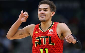 1142093864 NEW ORLEANS, LOUISIANA - MARCH 26: Trae Young #11 of the Atlanta Hawks reacts during a game against the New Orleans Pelicans at the Smoothie King Center on March 26, 2019 in New Orleans, Louisiana. NOTE TO USER: User expressly acknowledges and agrees that, by downloading and or using this photograph, User is consenting to the terms and conditions of the Getty Images License Agreement. (Photo by Jonathan Bachman/Getty Images)
