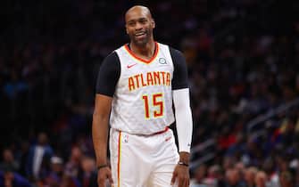 DETROIT, MICHIGAN - OCTOBER 24:  Vince Carter #15 of the Atlanta Hawks smiles during a game against the Detroit Pistons at Little Caesars Arena on October 24, 2019 in Detroit, Michigan. NOTE TO USER: User expressly acknowledges and agrees that, by downloading and/or using this photograph, user is consenting to the terms and conditions of the Getty Images License Agreement. (Photo by Gregory Shamus/Getty Images) (Photo by Gregory Shamus/Getty Images)