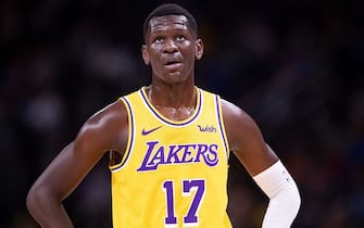 DETROIT, MI - MARCH 15: Isaac Bonga #17 of the Los Angeles Lakers looks to the sidelines during the game against the Detroit Pistons at Little Caesars Arena on March 15, 2019 in Detroit, Michigan. Detroit defeated Los Angeles 111-97. NOTE TO USER: User expressly acknowledges and agrees that, by downloading and or using this photograph, User is consenting to the terms and conditions of the Getty Images License Agreement (Photo by Leon Halip/Getty Images)
