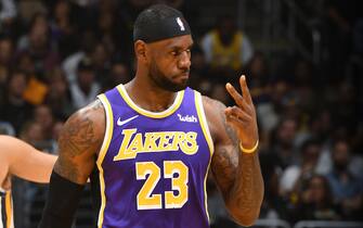 LOS ANGELES, CA - OCTOBER 25: LeBron James #23 of the Los Angeles Lakers reacts to a play against the Utah Jazz on October 25, 2019 at STAPLES Center in Los Angeles, California. NOTE TO USER: User expressly acknowledges and agrees that, by downloading and/or using this Photograph, user is consenting to the terms and conditions of the Getty Images License Agreement. Mandatory Copyright Notice: Copyright 2019 NBAE (Photo by Andrew D. Bernstein/NBAE via Getty Images) 