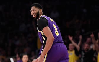 LOS ANGELES, CALIFORNIA - OCTOBER 25:  Anthony Davis #3 of the Los Angeles Lakers laughs as his pass ends up going in the basket for a score during the first half against the Utah Jazz at Staples Center on October 25, 2019 in Los Angeles, California. (Photo by Harry How/Getty Images)