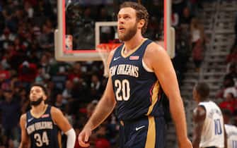 NEW ORLEANS, LA -OCTOBER 25: Nicolo Melli #20 of the New Orleans Pelicans looks on during a game against the Dallas Mavericks on October 25, 2019 at the Smoothie King Center in New Orleans, Louisiana. NOTE TO USER: User expressly acknowledges and agrees that, by downloading and or using this Photograph, user is consenting to the terms and conditions of the Getty Images License Agreement. Mandatory Copyright Notice: Copyright 2019 NBAE (Photo by Layne Murdoch Jr./NBAE via Getty Images)
